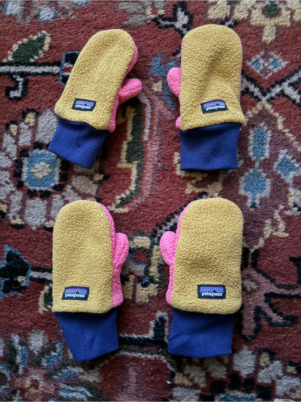 Patagonia Kids Fleece Mittens in Mustard, Pink & Navy ( 2 pair) size 6-12 month